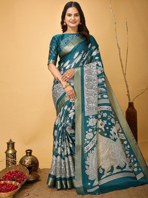 Anouk Rustic Printed Chinnalapattu Cotton Blend Saree(Blue)