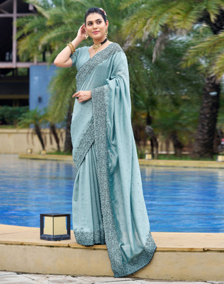 Samah Dyed, Embroidered, Embellished Bollywood Silk Blend Saree(Light Blue)
