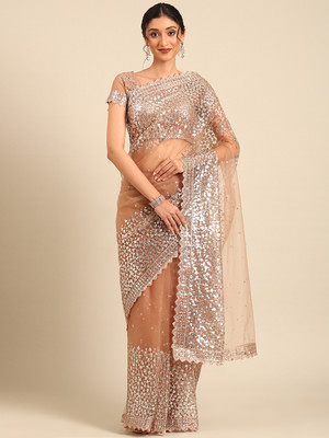 Divastri Embroidered Bollywood Net Saree(Beige)