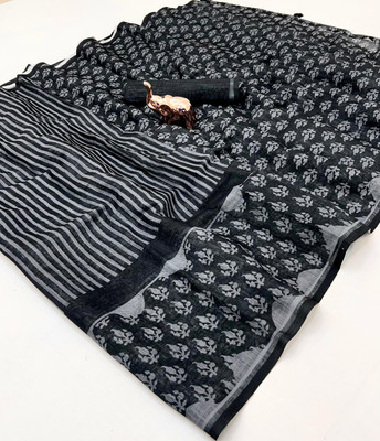 2SD gratitude Printed Daily Wear Linen Saree(Black)