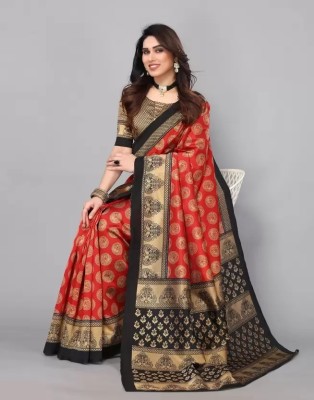 VCREATION Printed Assam Silk Art Silk Saree(Red)