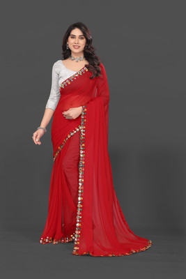 Manan Creation Embellished Bollywood Georgette, Chiffon Saree(Red)