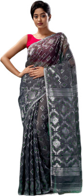 basak creation Woven Jamdani Cotton Blend Saree(Dark Blue)
