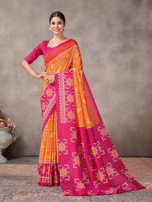 GARDEN VARELI Geometric Print Saree with Attached Blouse Silk Blend Saree(Orange)