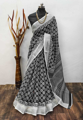 AARAANA Floral Print, Self Design, Striped Kanjivaram Linen, Cotton Linen Saree(Black)