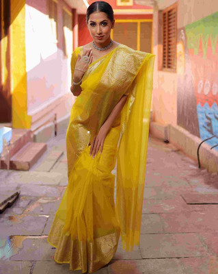Priyashi Printed Bollywood Organza Saree(Yellow)