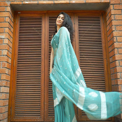 SICHYAH Woven Banarasi Cotton Linen Saree(Light Blue)