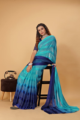 Mionas Solid/Plain, Striped Bollywood Georgette Saree(Light Blue)