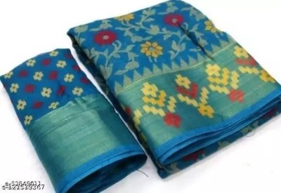 Vragi Floral Print Bollywood Cotton Blend Saree(Light Blue)