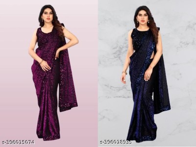 Vragi Embellished Bollywood Lycra Blend Saree(Pack of 2, Purple, Dark Blue)