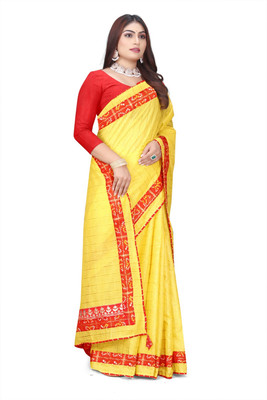 Dhanlaxmi Creation Printed Handloom Cotton Blend Saree(Yellow, Red)