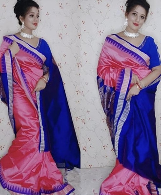 Ansari Fabrics Temple Border Sambalpuri Art Silk Saree(Pink)