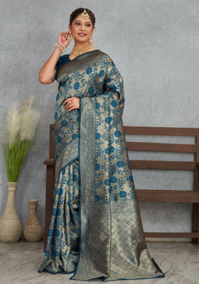 preyufashion Embellished Banarasi Art Silk, Jacquard Saree(Dark Blue)