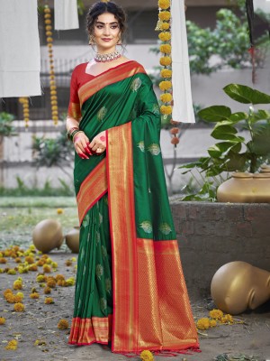 BUNAWAT Woven Handloom Silk Blend Saree(Dark Green)