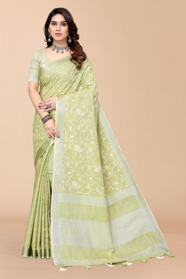 ALAGINI Self Design, Embroidered, Floral Print Bollywood Cotton Linen, Pure Cotton Saree(Light Green)