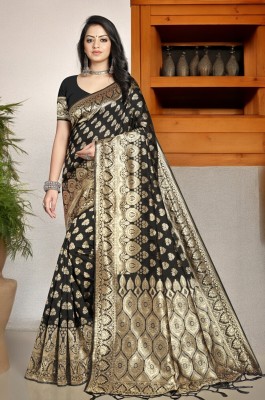 ALMEDA Woven Kanjivaram Silk Blend, Jacquard Saree(Black)