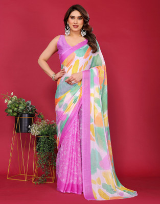 all about you Printed Daily Wear Chiffon Saree(Multicolor, Purple)