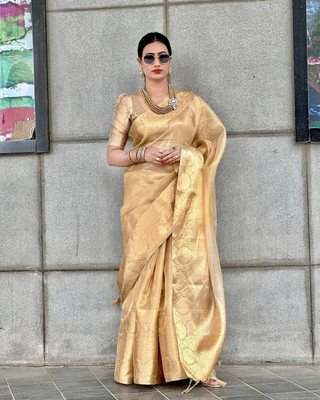 ShopGlobal Embellished Kanjivaram Tissue, Silk Blend Saree(Gold)