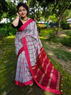 sanjib sarees Checkered Handloom Cotton Silk Saree(Grey, Maroon)