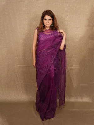ANOUK Embroidered Saree with Attached Blouse Organza Saree(Red)
