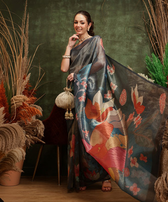 Divastri Digital Print Kalamkari Tissue Saree(Light Blue)