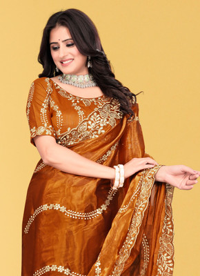 Mortile Designer Studio Embroidered Banarasi Lycra Blend Saree(Orange)