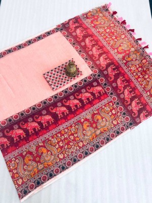 DRAVYA WOMEN Printed Handloom Cotton Linen Saree(Pink)