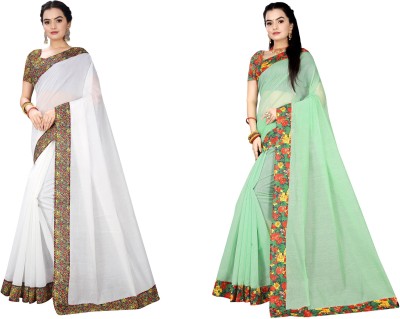 manish Solid/Plain Chanderi Cotton Blend Saree(Pack of 2, White, Light Green)