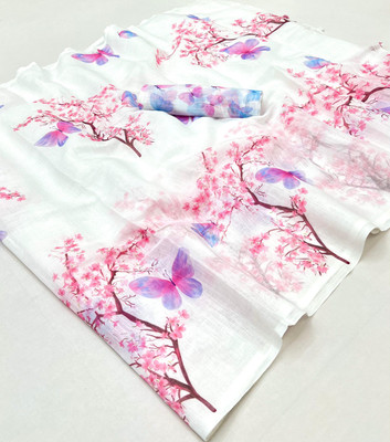 KGM BRAND Tie-Dye, Printed, Dyed, Geometric Print, Striped Bollywood Linen Saree(White)