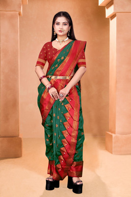 Ashmika Woven, Temple Border Paithani Cotton Silk Saree(Green)