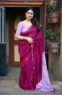 PeachPetals Digital Print Bandhani Cotton Blend Saree(Pink)