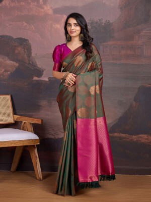 House of Pataudi Woven Banarasi Silk Blend Saree(Dark Green, Pink)