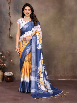GALANI ENTERPRISE Printed Bollywood Cotton Linen Saree(Pack of 2, Blue)
