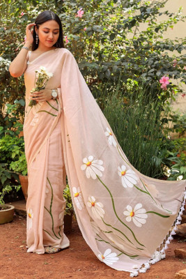 Aquiliq Floral Print Handloom Pure Cotton Saree(Cream)