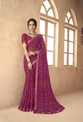 Divastri Floral Print, Geometric Print, Digital Print, Printed Bandhani Chiffon Saree(Magenta)