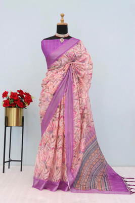 Laxmi Fashion Printed, Floral Print Assam Silk Jacquard, Cotton Silk Saree(Pink, Beige, Multicolor)