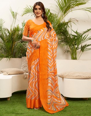 Samah Geometric Print, Embellished, Striped Daily Wear Cotton Blend Saree(Orange, White)