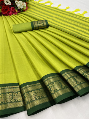Fabrihub Self Design Maheshwari Cotton Silk Saree(Green)