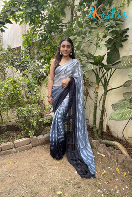 Kashvi Striped Bollywood Satin Saree(Grey, Black)
