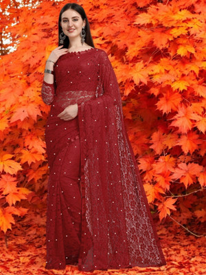 NORAFLEX Embroidered Bollywood Net Saree(Maroon)