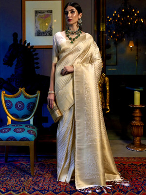 SWAMI STUDIO Self Design Banarasi Art Silk Saree(White)