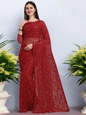NORAFLEX Embroidered Bollywood Net Saree(Maroon)