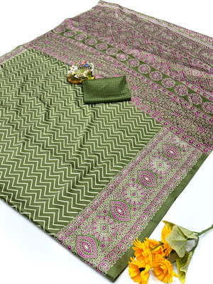 pal fashion Printed Kalamkari Jacquard Saree(Light Green)