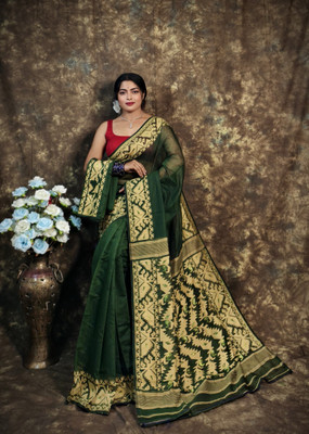 Pasum's Hand Painted, Self Design Jamdani Pure Cotton Saree(Green)