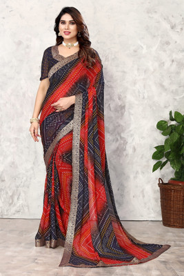 YASHIKA Printed Bandhani Georgette, Lace Saree(Black, Red)
