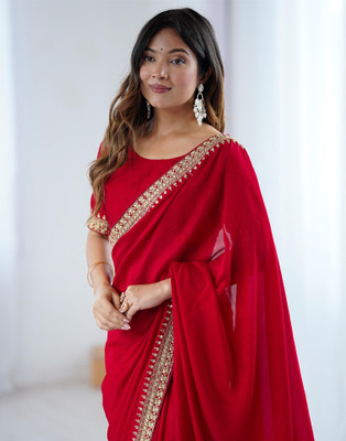 Satrani Embroidered, Embellished Bollywood Silk Blend Saree(Red)