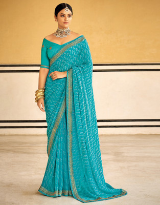 Satrani Printed, Embroidered, Embellished Bandhani Chiffon, Georgette Saree(Light Blue, White)