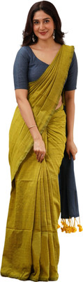 VERVE Solid/Plain Handloom Cotton Blend Saree(Yellow, Grey)