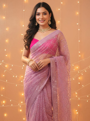 all about you Embellished Bollywood Organza Saree(Purple)
