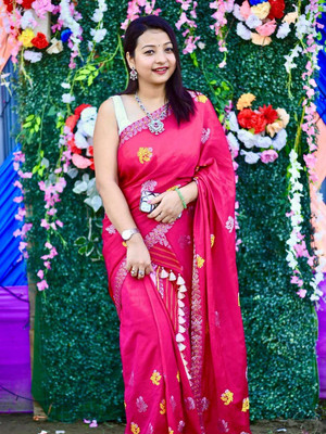 Ramani brothers Woven Mekhela Chador Pure Silk Saree(Pink)